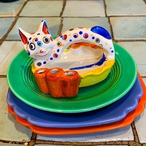 Vintage Handpainted Polka Dot Kitty Ashtray and Cigarette Holder